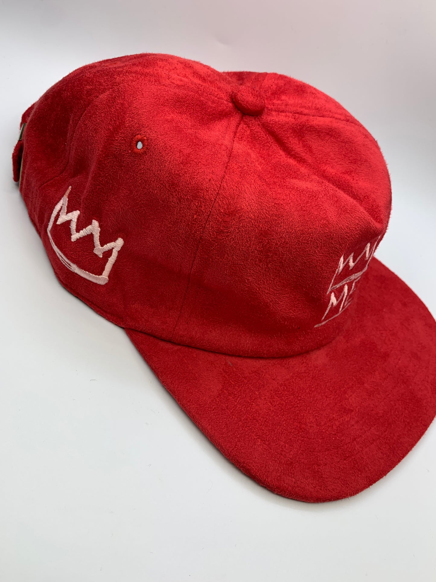 Red Soft Suede Flat Brim Hat with White Krown