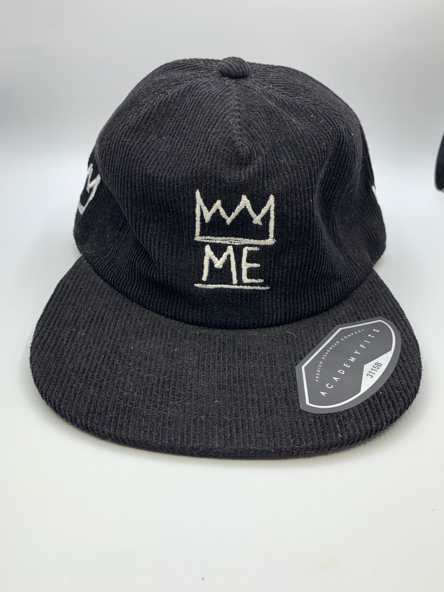 Black Corduroy Flat Brim Hat with White Krown