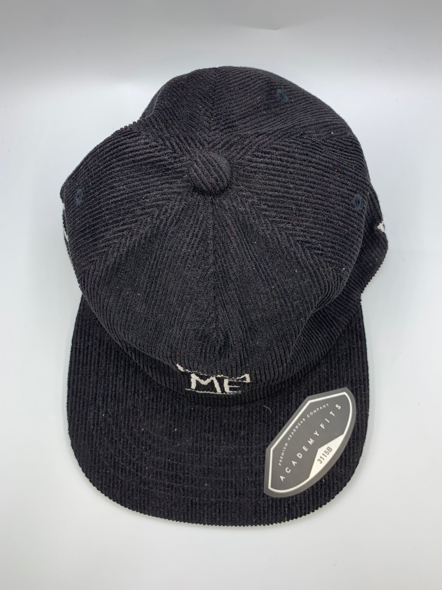 Black Corduroy Flat Brim Hat with White Krown