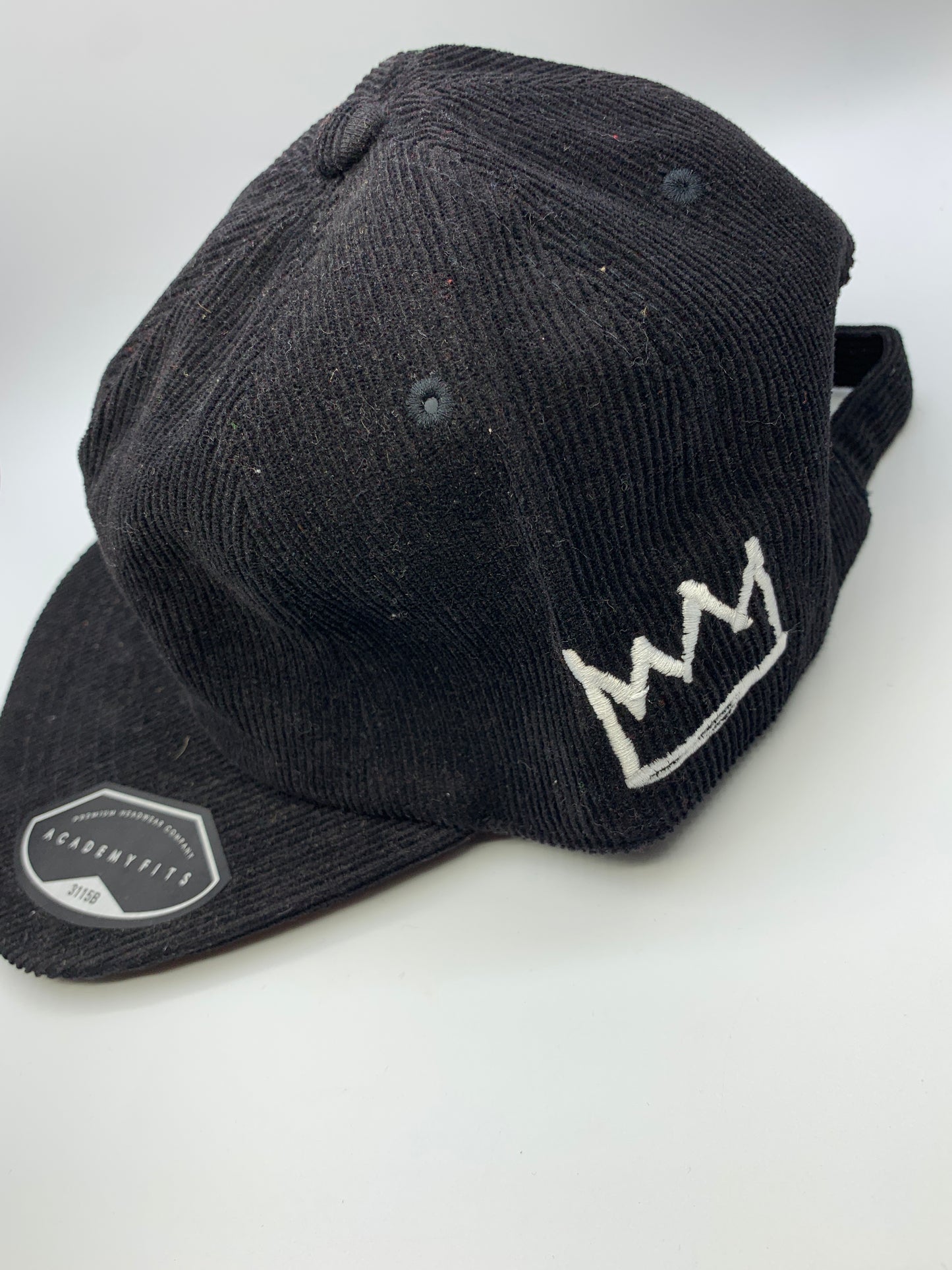 Black Corduroy Flat Brim Hat with White Krown