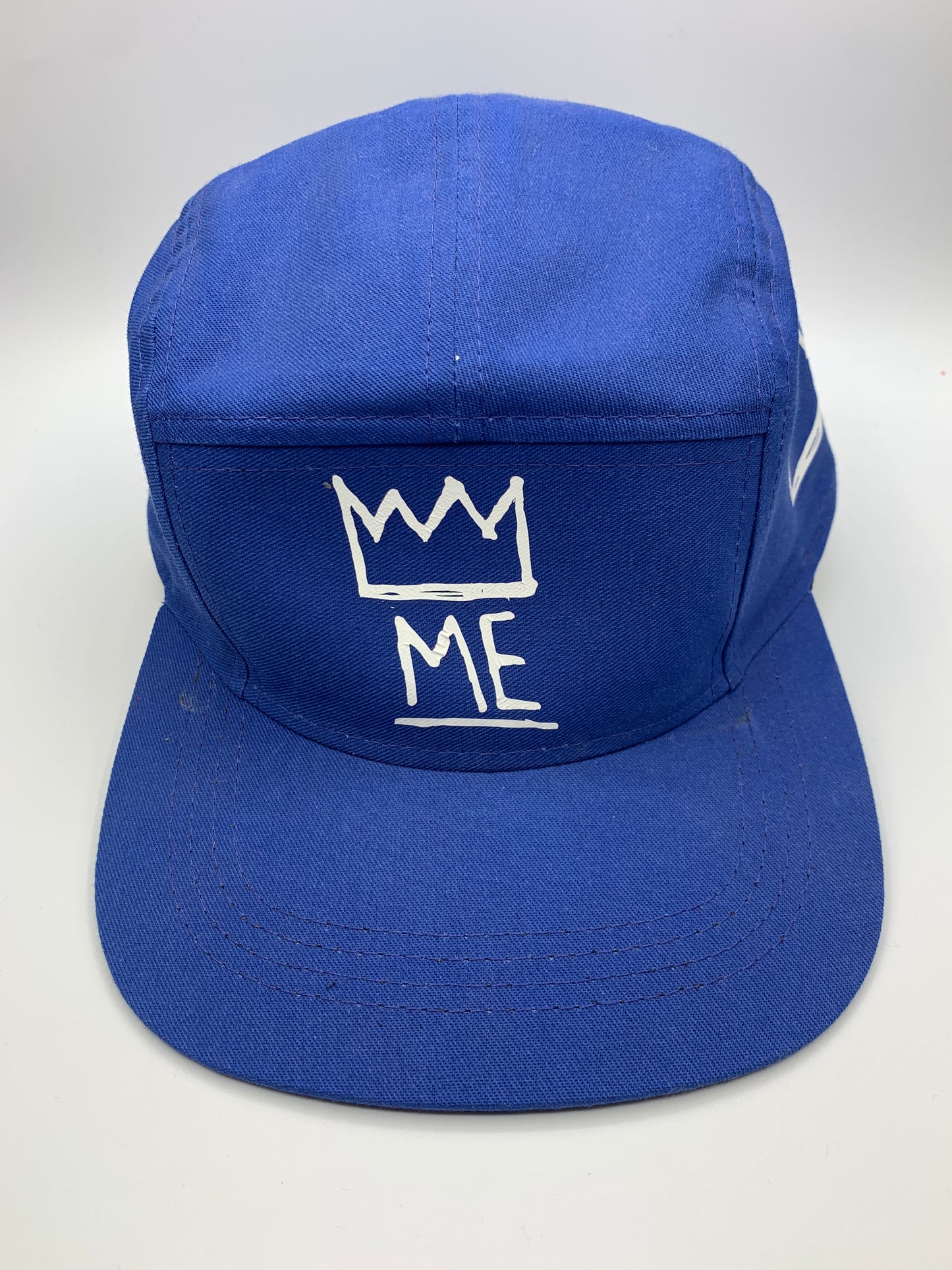 Blue 5-Panel Flat Brim Hat with White Krown
