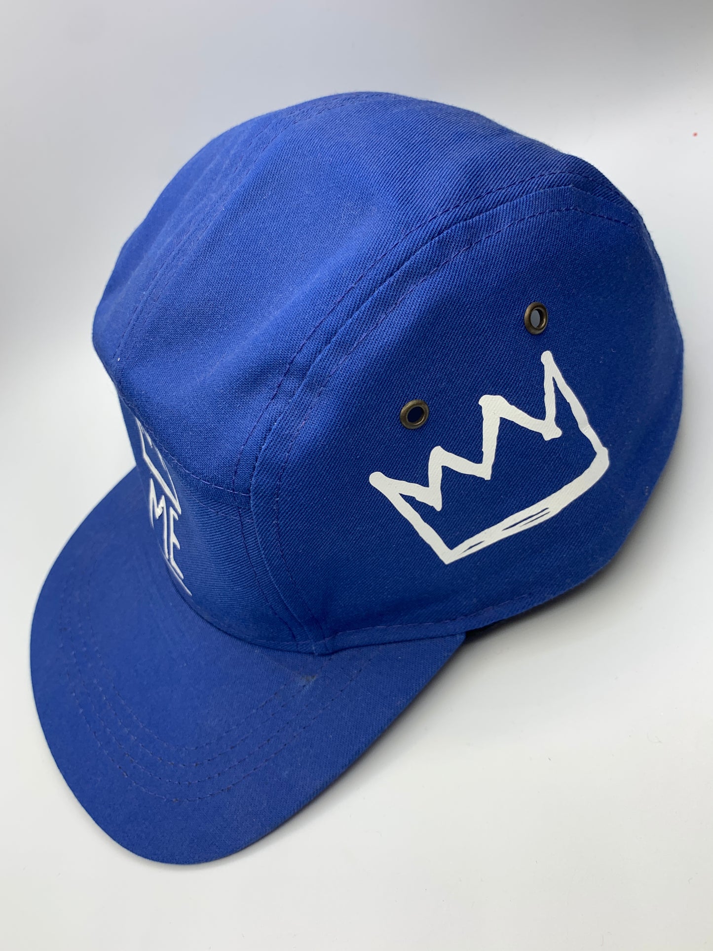 Blue 5-Panel Flat Brim Hat with White Krown