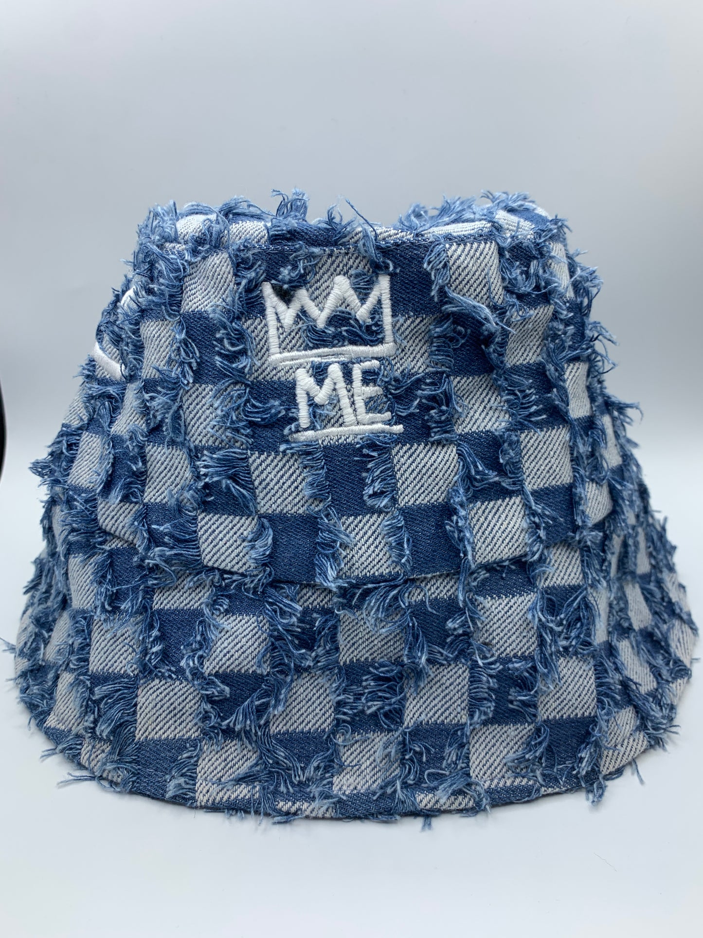 Blue Denim Textured & Checkered Bucket with White Krown