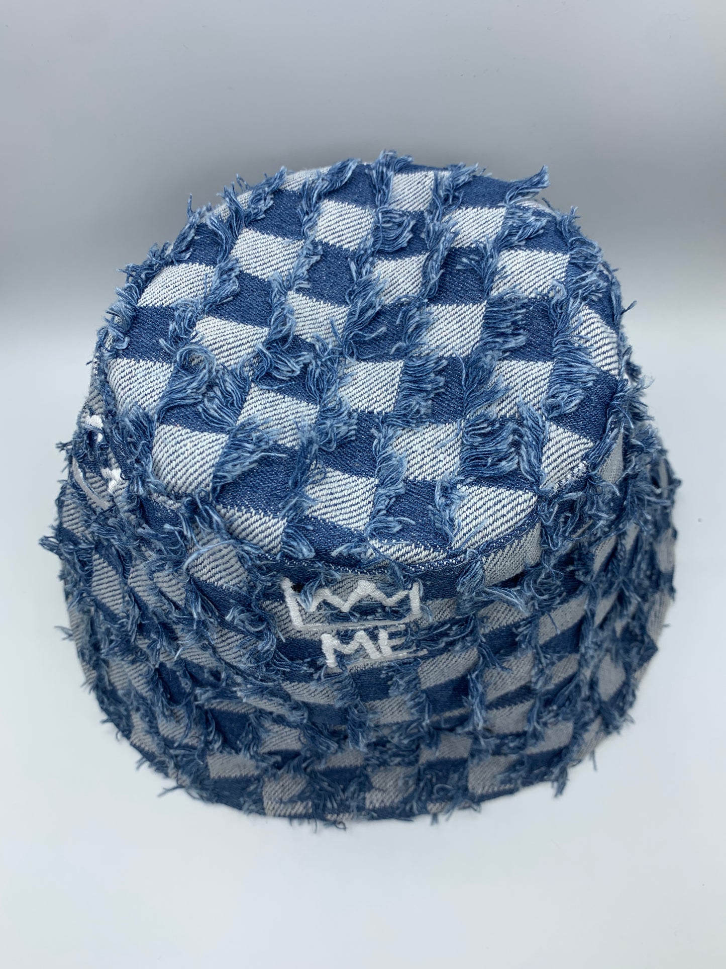 Blue Denim Textured & Checkered Bucket with White Krown