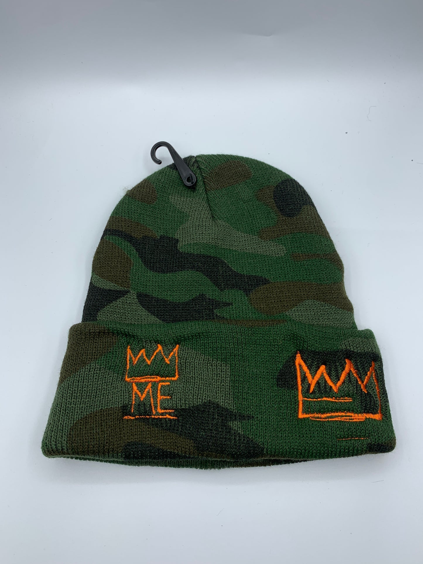 Green Camo Beanie with Orange Krown