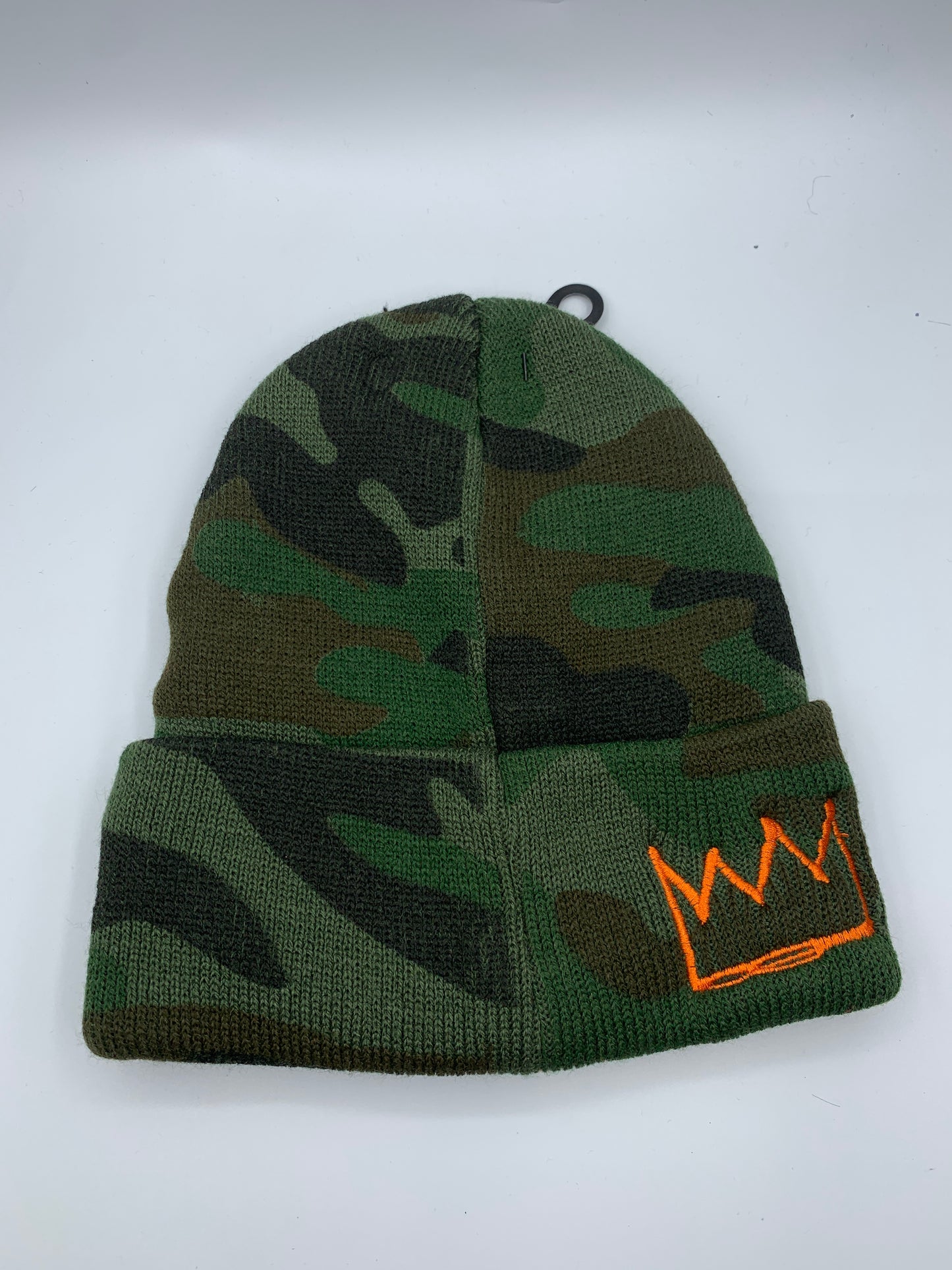 Green Camo Beanie with Orange Krown
