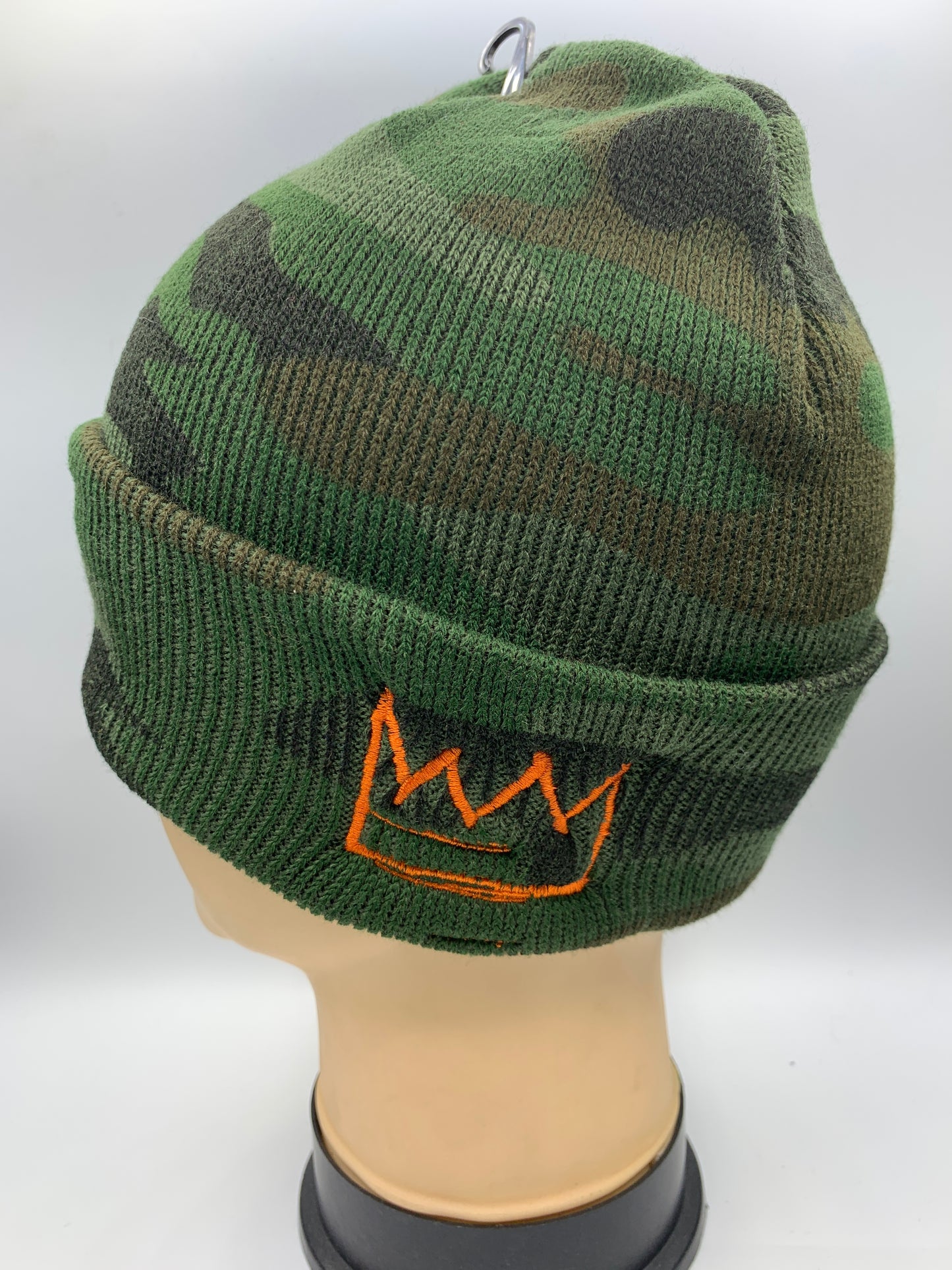 Green Camo Beanie with Orange Krown