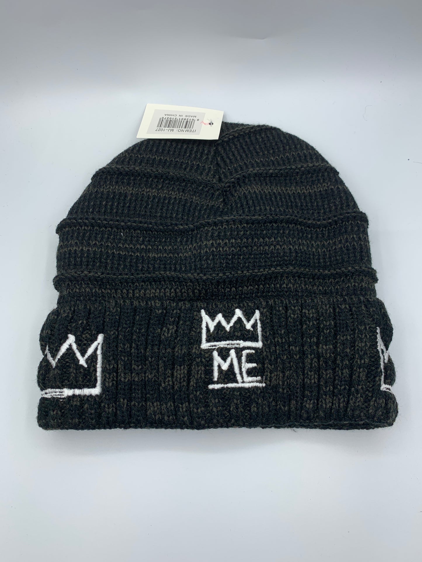 Charcoal Gray Premium Knit Beanie with White Krown