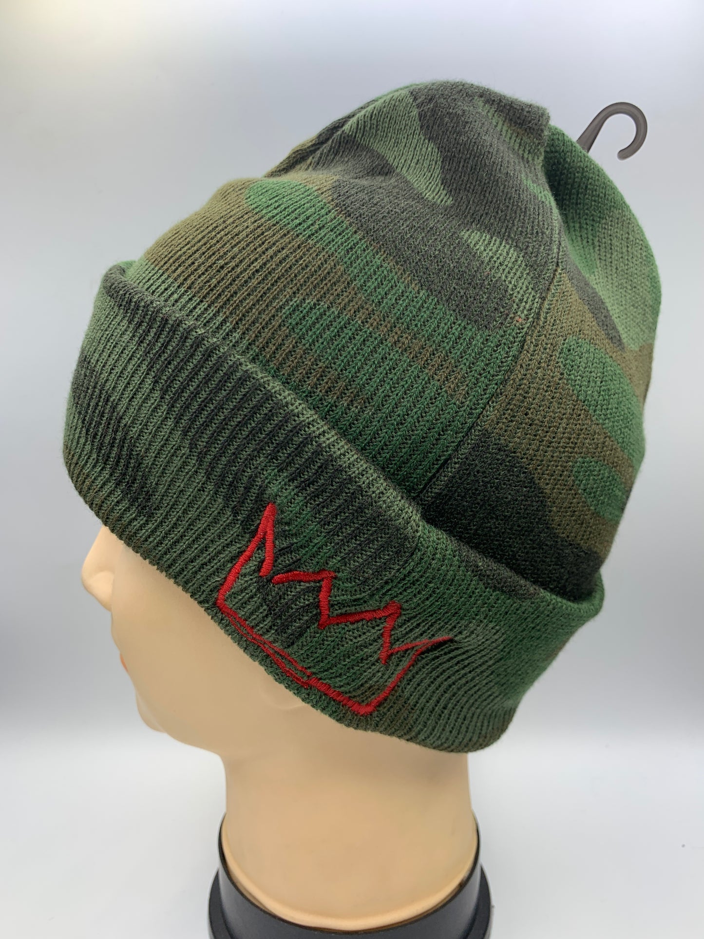 Green Camo Beanie with Red Krown