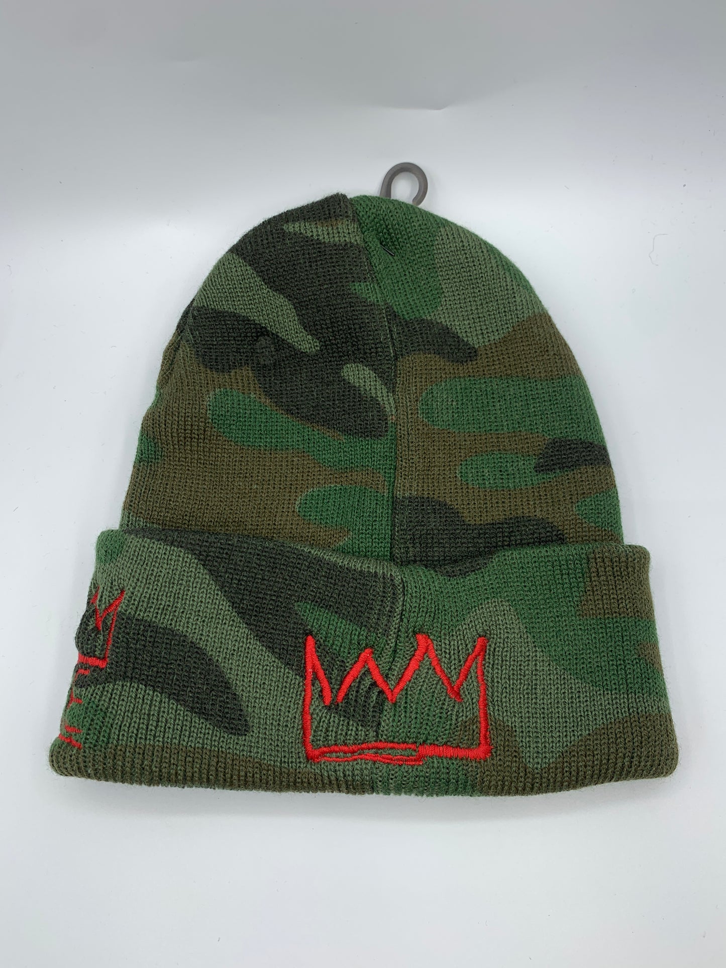 Green Camo Beanie with Red Krown