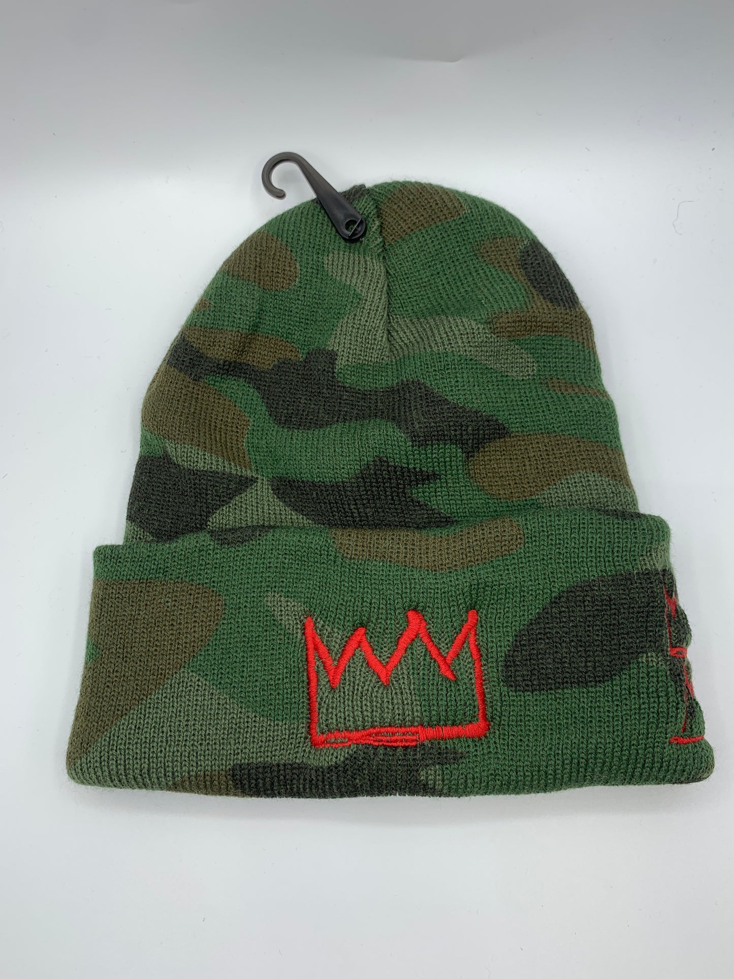Green Camo Beanie with Red Krown