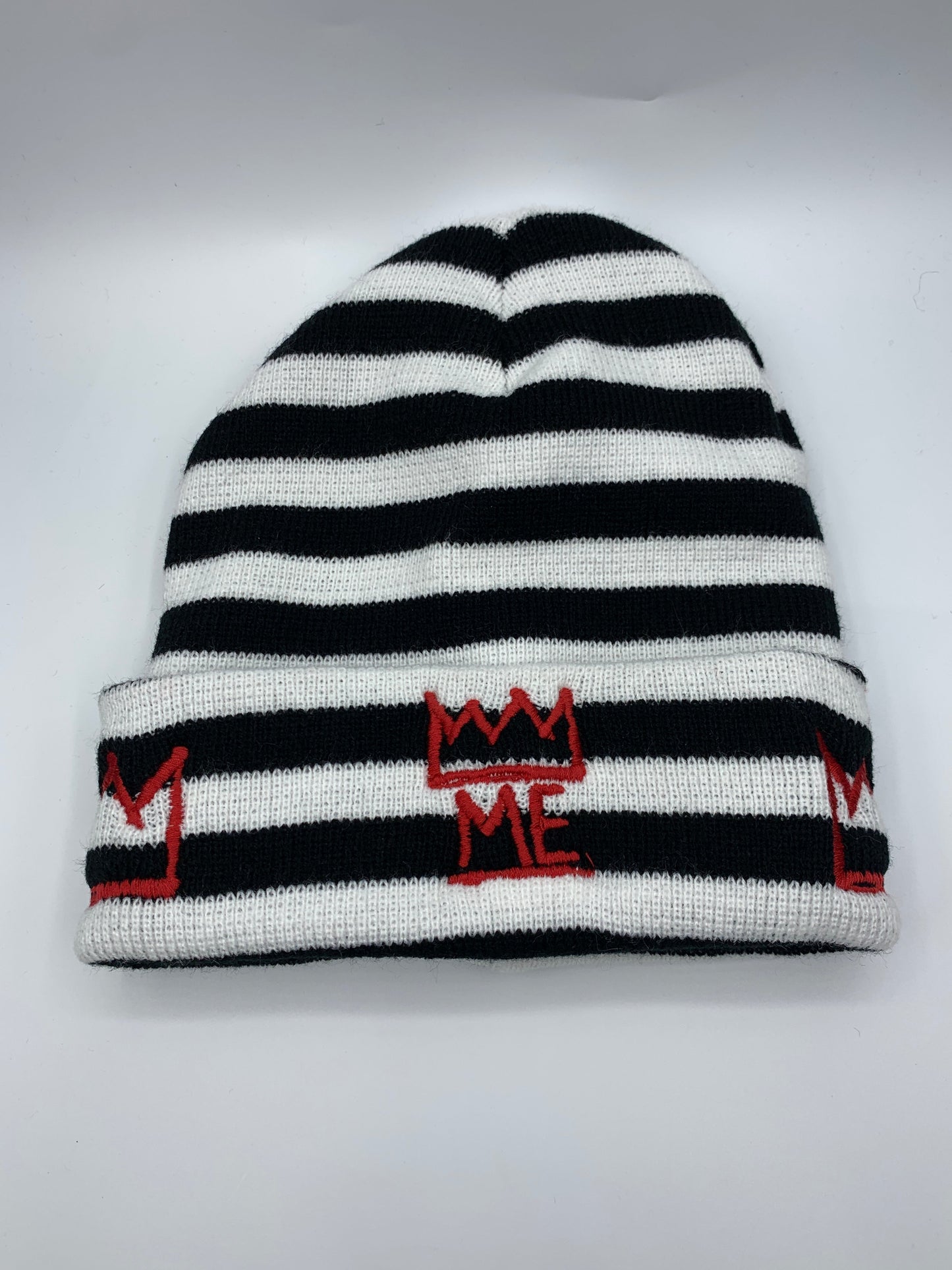 Black & White Beanie with Red Krown