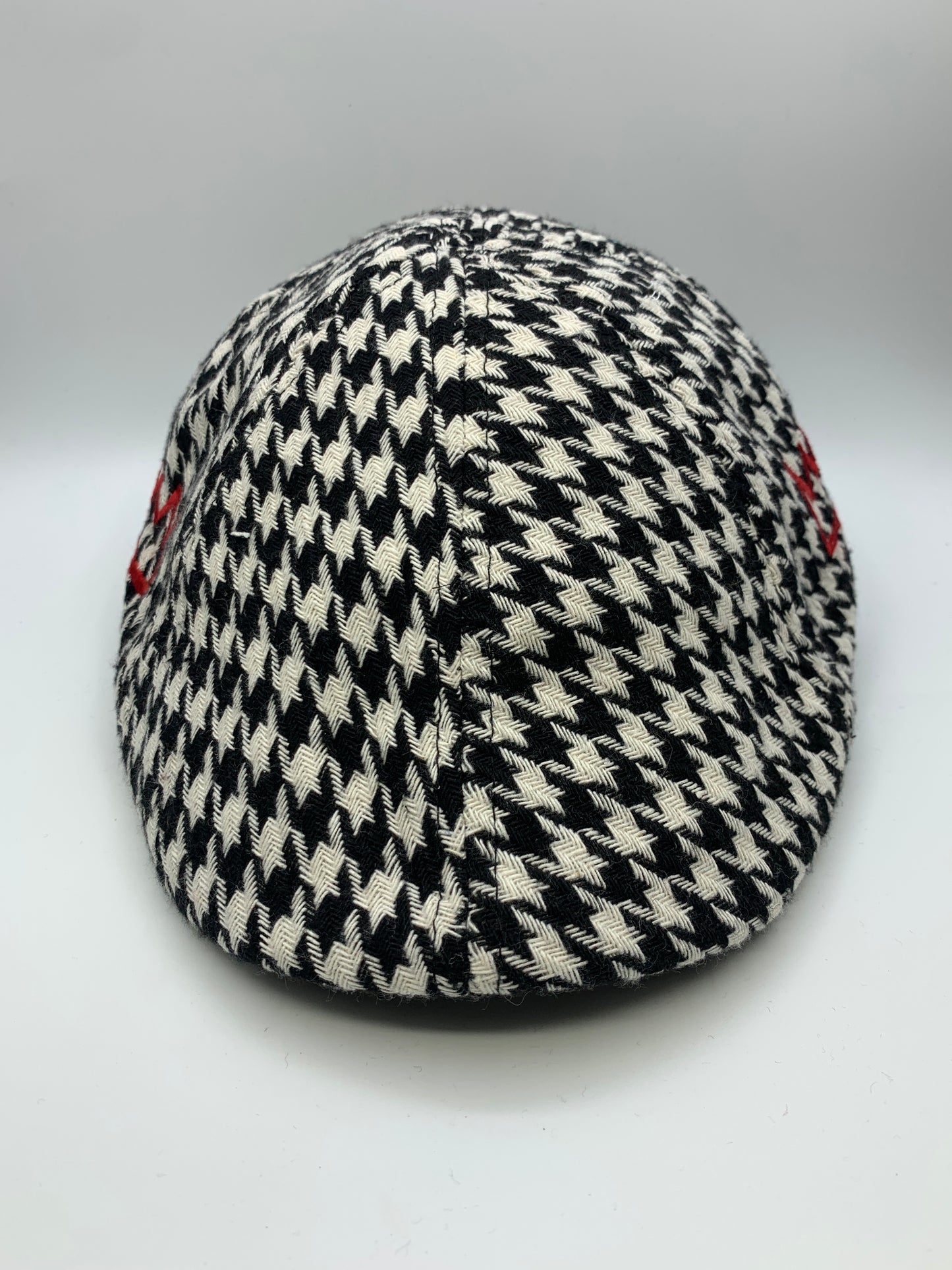Black & White Houndstooth Beret Hat with Red Krown