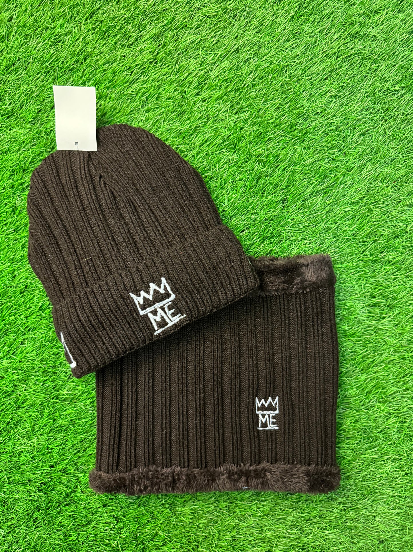 Gray Knit Beanie & Neck Warmer/Mask Set with White Krown