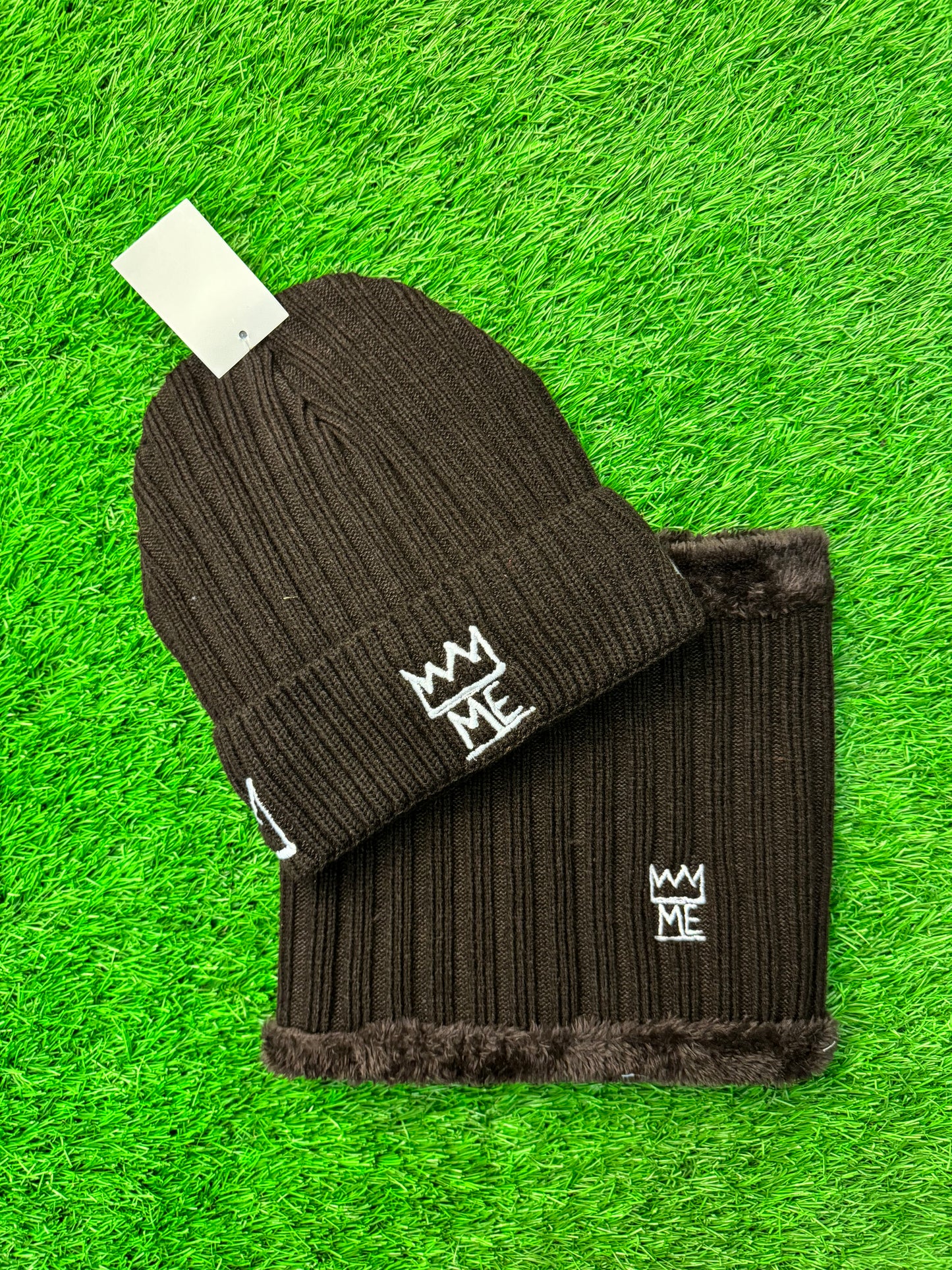 Gray Knit Beanie & Neck Warmer/Mask Set with White Krown