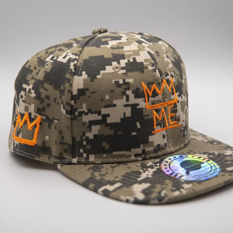 Pixelated Green Camo Flat Brim Hat with Orange Krown