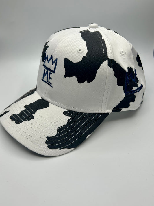 Black and White Cow Print Dad Hat with Navy Blue Krown