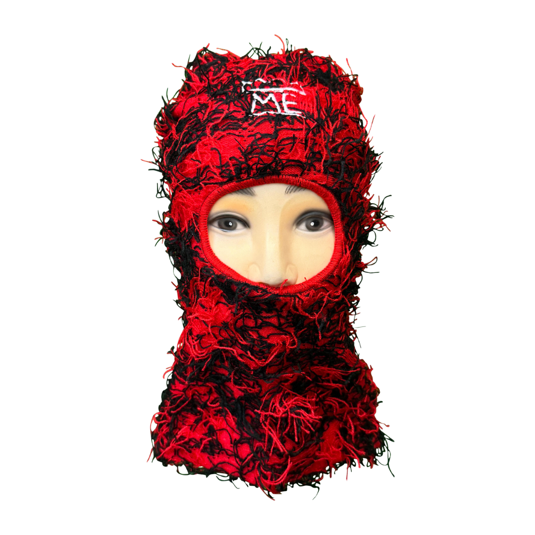 Red & Black Fringe Shiesty Ski Mask with White Krown