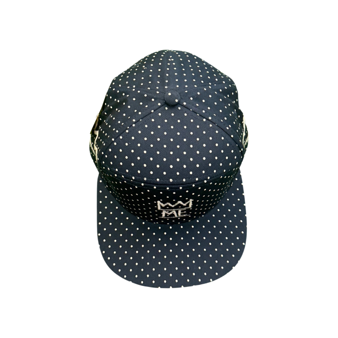 Navy Blue With White Polka Dots Flat Brim Hat with White Krown