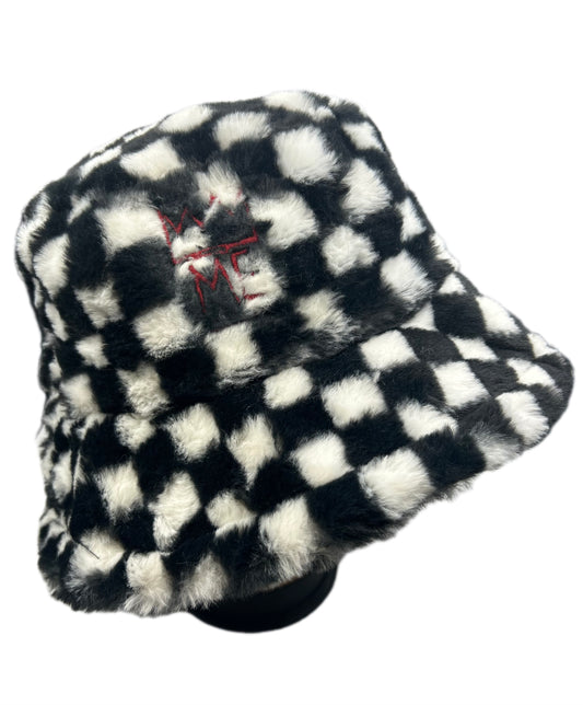 White and Black Checkered Furry Bucket with Red Krown