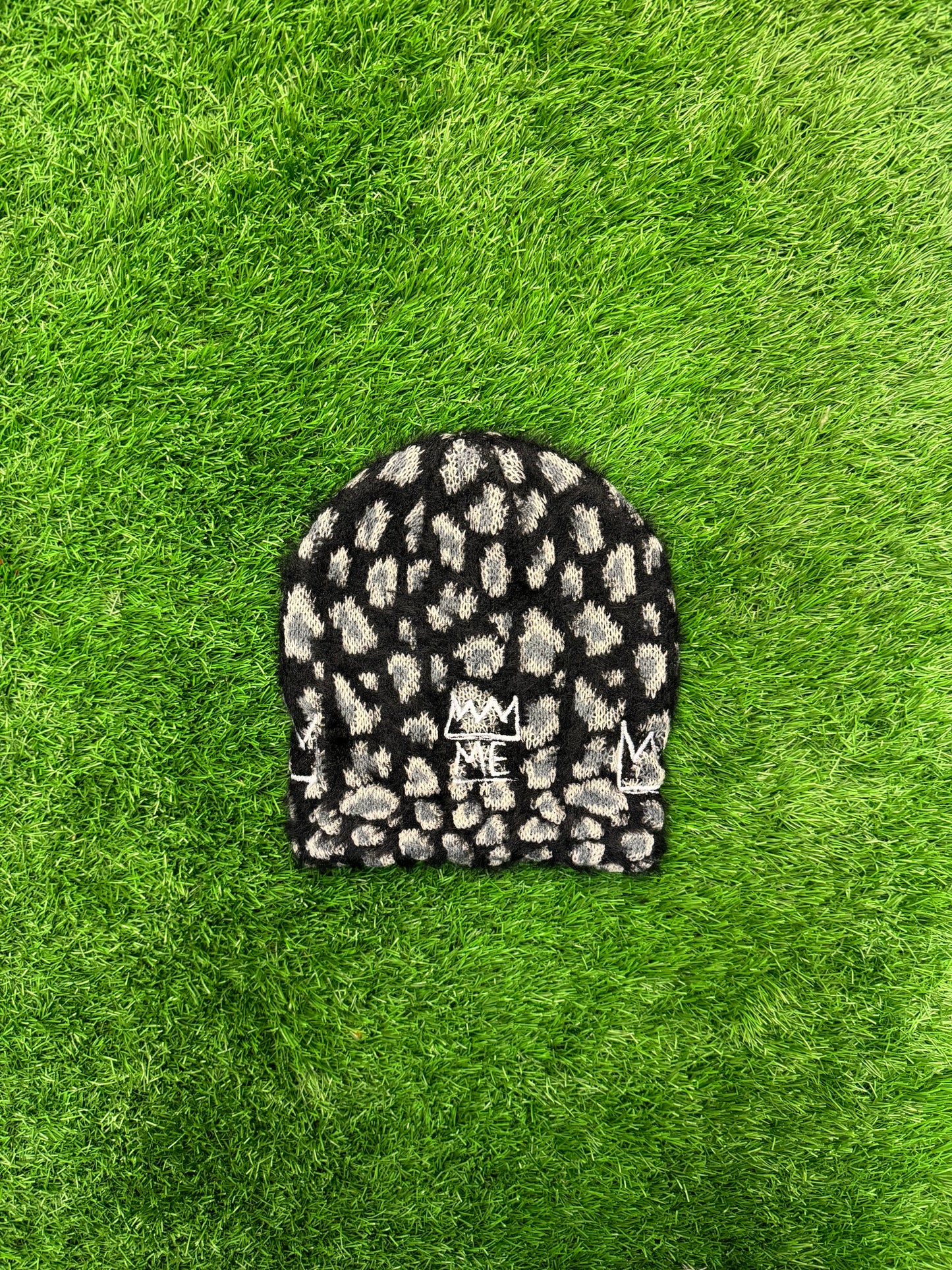 Black & Gray Furry Cheetah Print Beanie with White Krown
