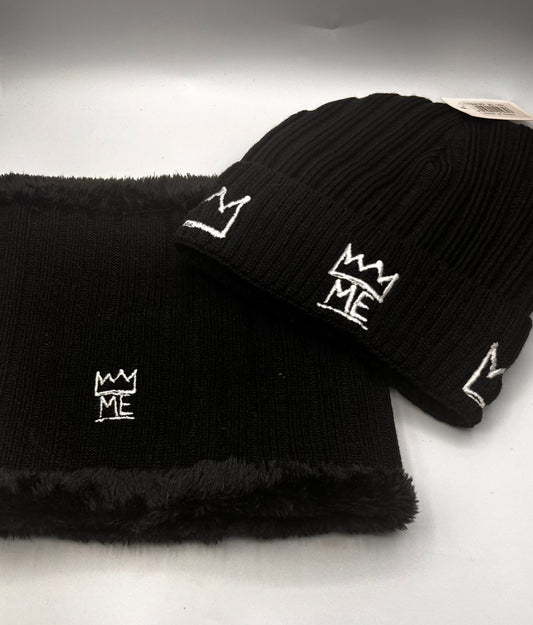 Black Knit Beanie & Neck Warmer/Mask Set with White Krown