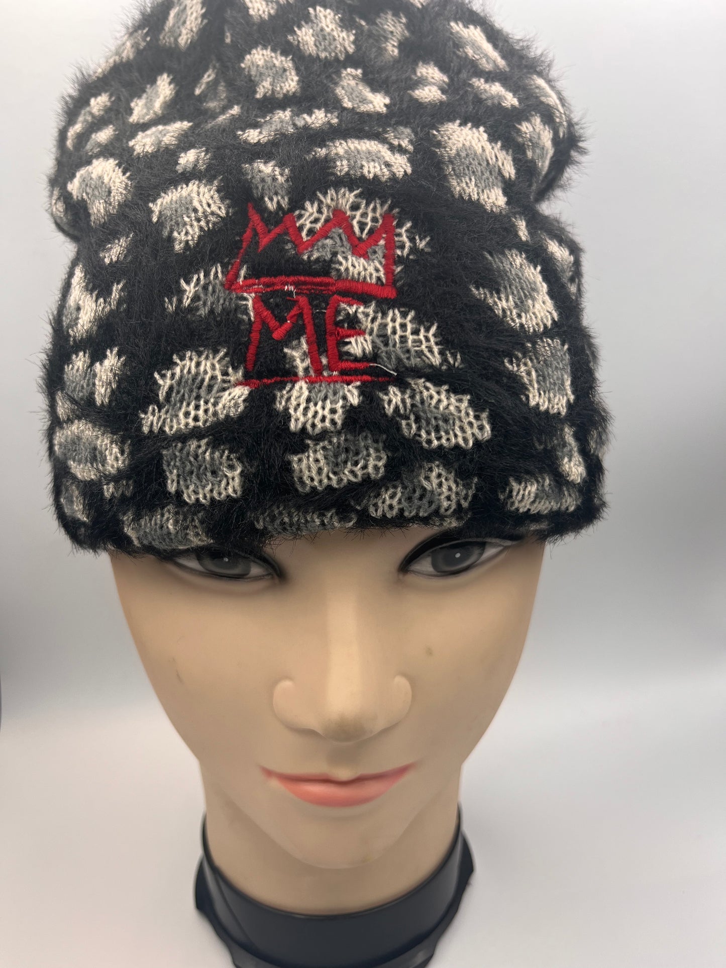 Black & Gray Furry Cheetah Print Beanie with Red Krown