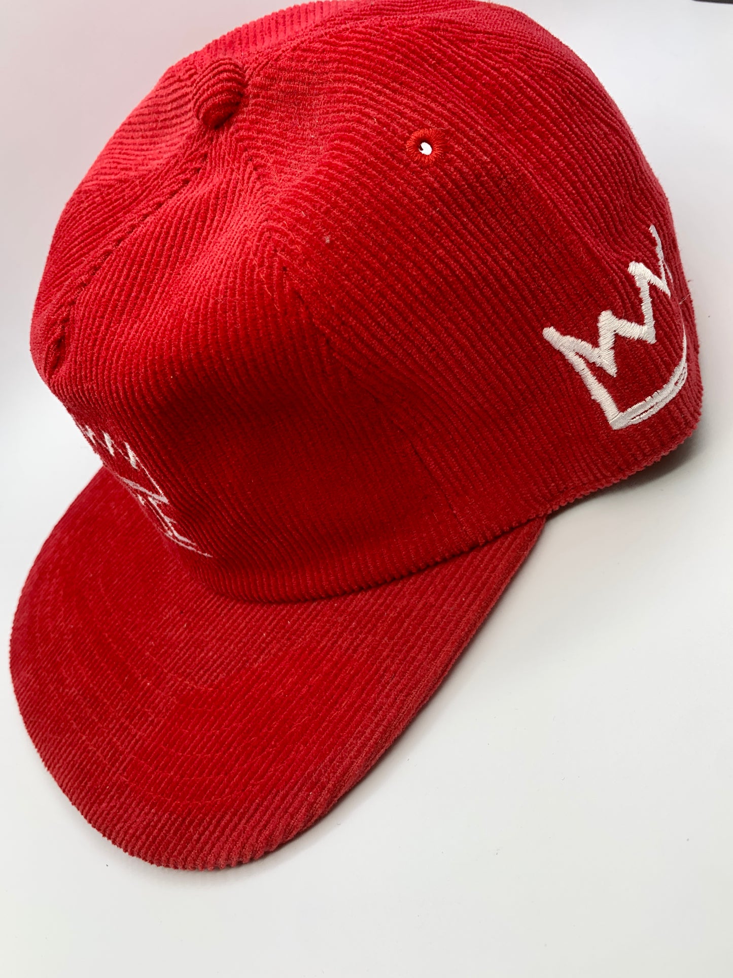 Red Corduroy Flat Brim Hat with White Krown