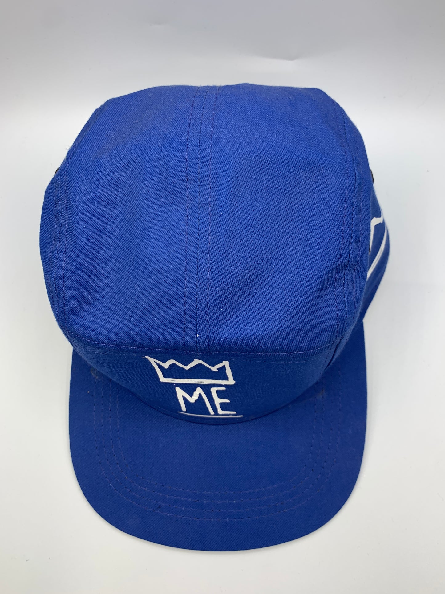 Blue 5-Panel Flat Brim Hat with White Krown