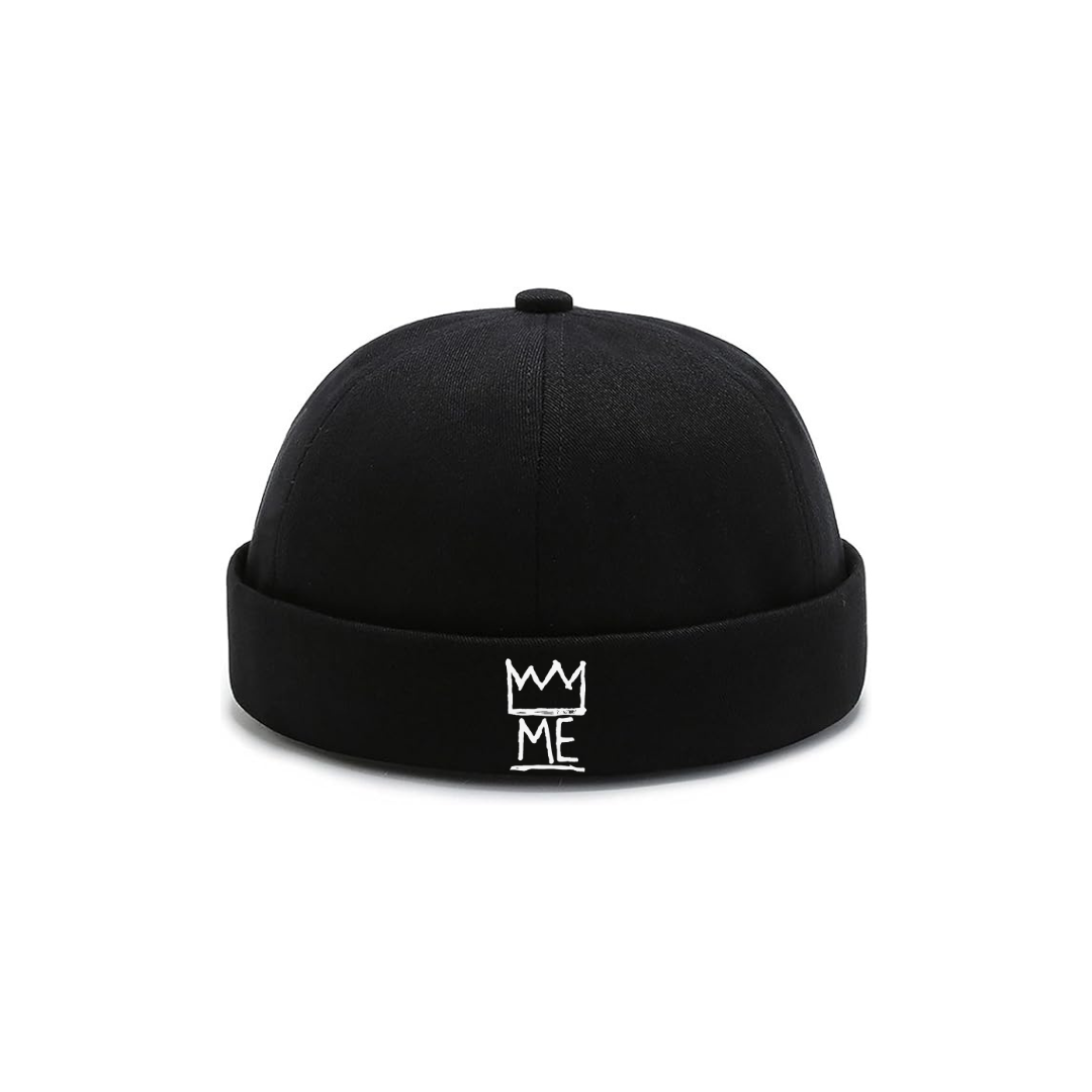 Black Brimless Hat with White Krown